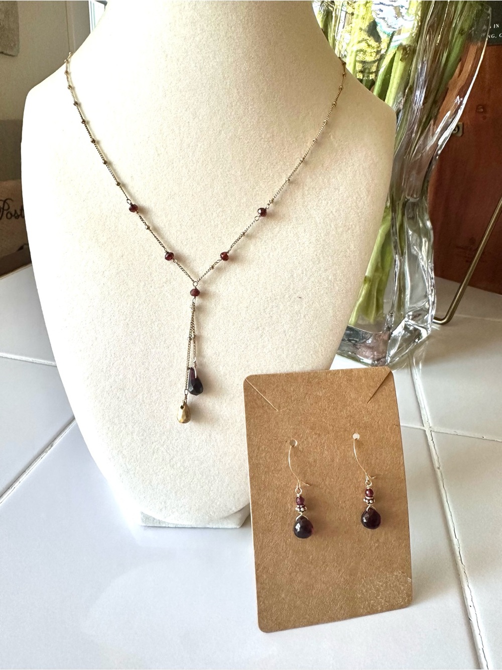 J.Jill 925 Garnet Y Necklace & Earrings Set - Picture 2 of 7